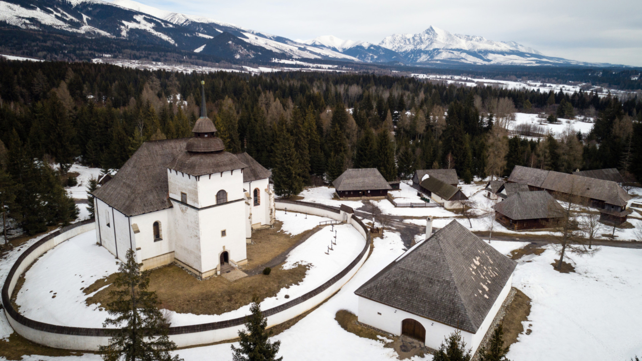 Aerial view of open-air museum of Liptov Village in Pribylina, Slovakia