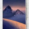 Digitálne premaľovaný poster panorámy Ťažkého štítu a Vysokej z Rysov. Vysoké Tatry.