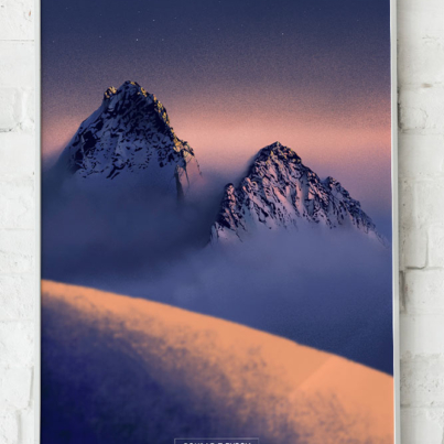 Digitálne premaľovaný poster panorámy Ťažkého štítu a Vysokej z Rysov. Vysoké Tatry.