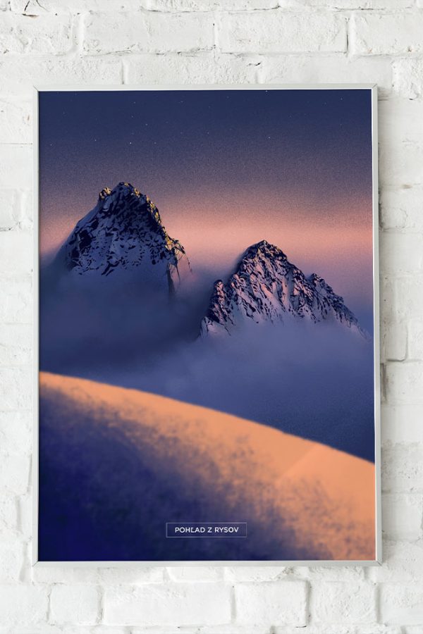 Digitálne premaľovaný poster panorámy Ťažkého štítu a Vysokej z Rysov. Vysoké Tatry.