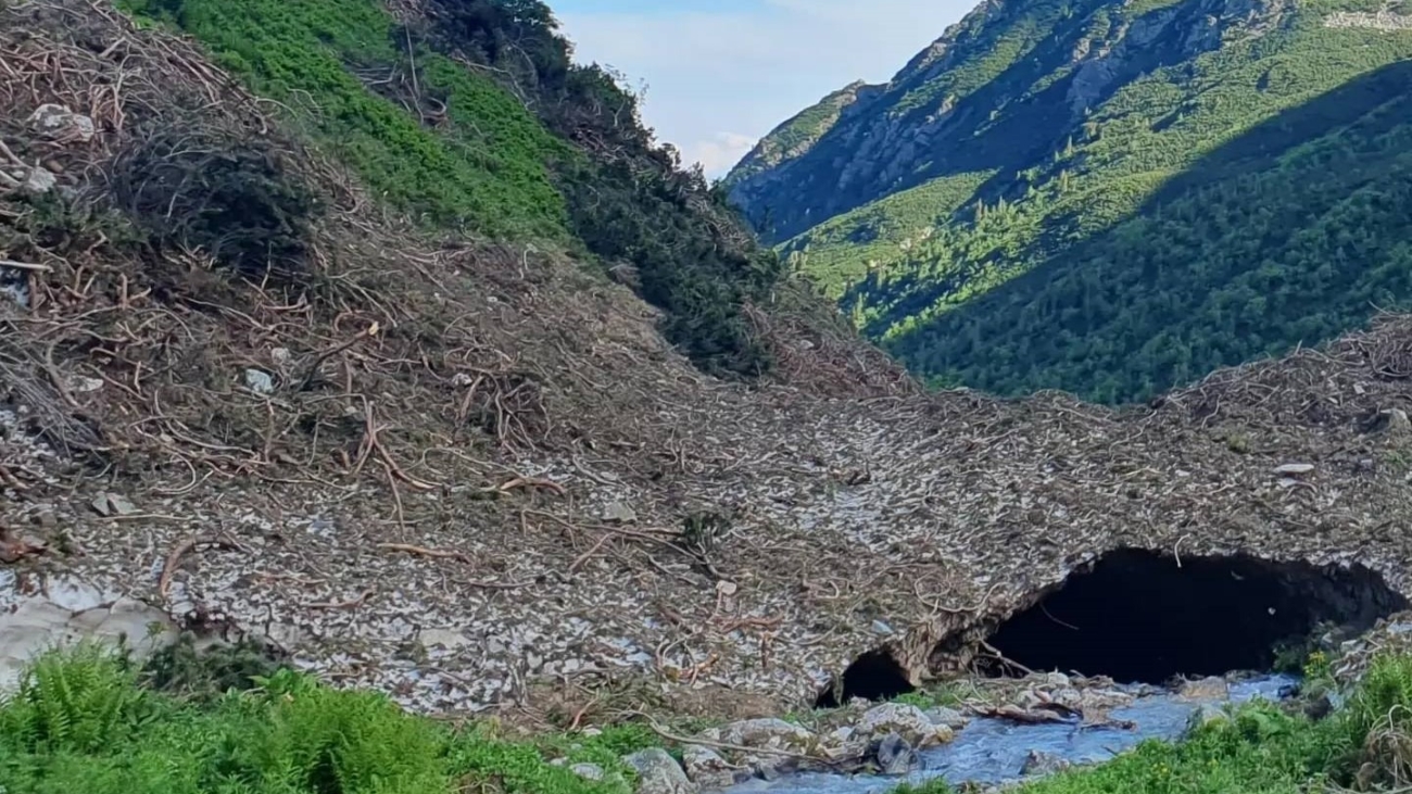 Značkovaný chodník v Kamenistej doline pretína nános základovej lavíny