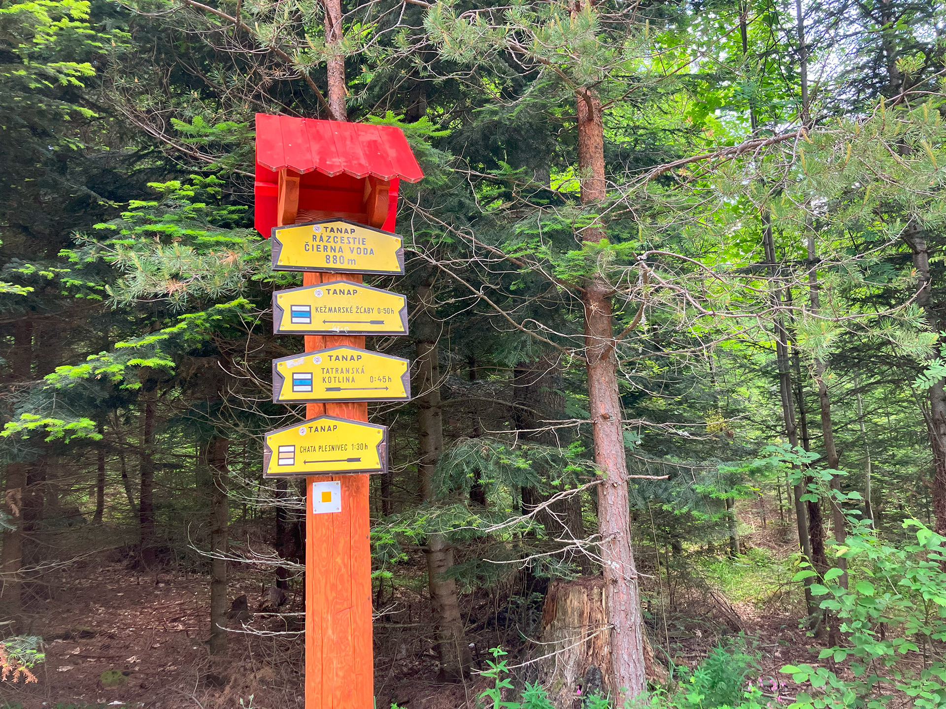 Turistický smerovník Čierna voda. Na Chatu Plesnivec sa dostanete za hodinu a pol. Foto: Jaroslav Kizek.
