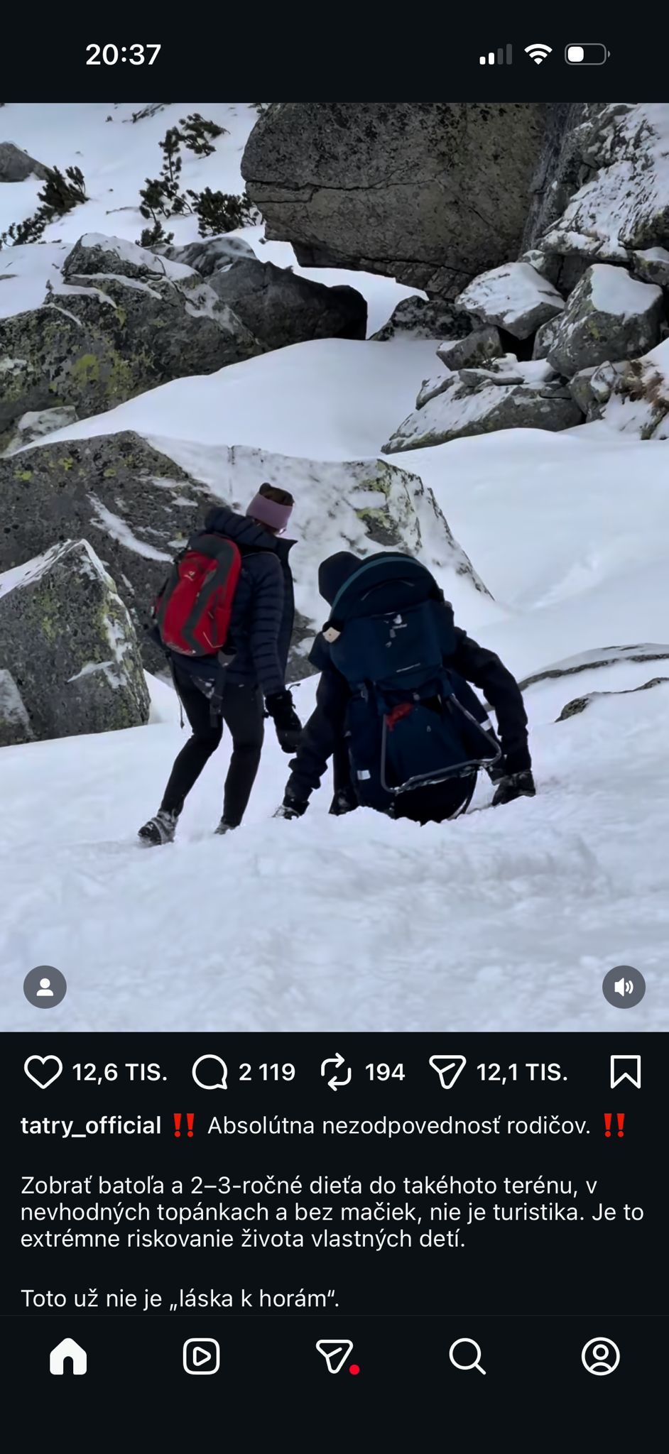 Turisti v Tatrách s nevhodným výstrojom. Foto: Instagram tatry_official.