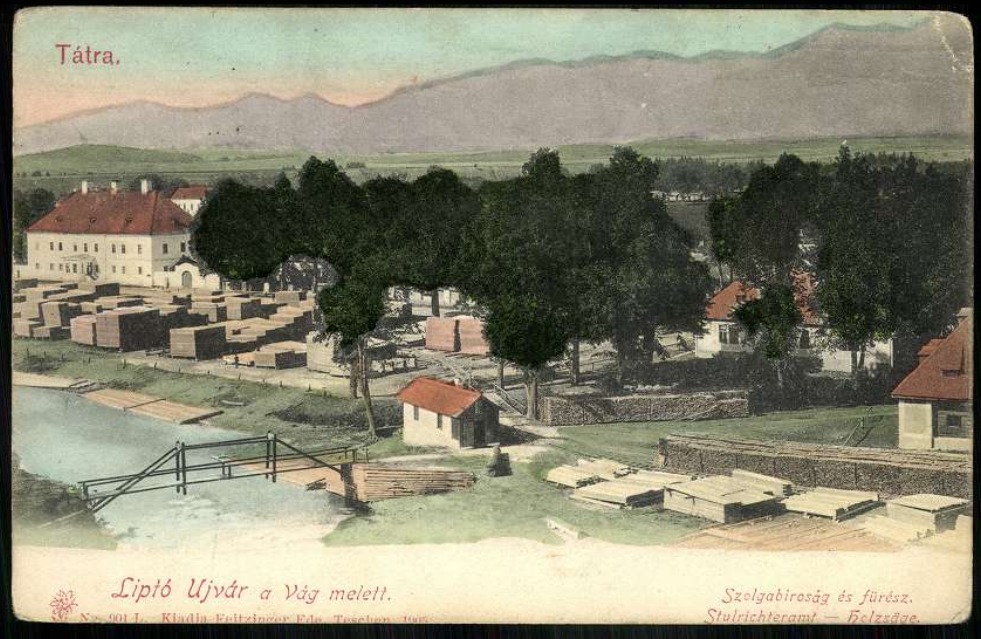 Solný úrad v Liptovskom Hrádku a miesta pôvodných skladov na pohľadnici z prelomu 19. a 20. storočia