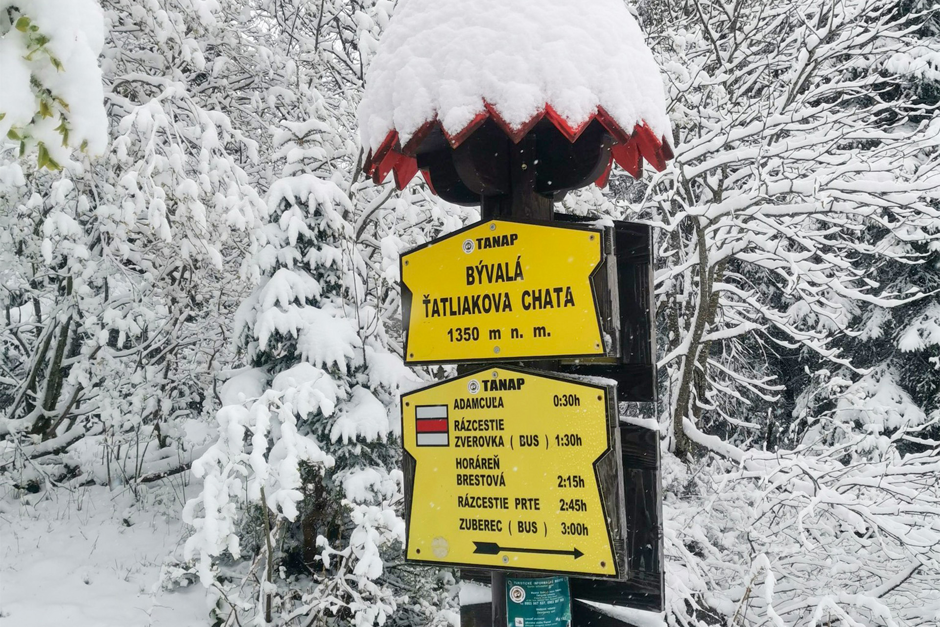 Turistický smerovník pri bývalej Ťatliakovej chate. Foto: Nikolas Reguly.