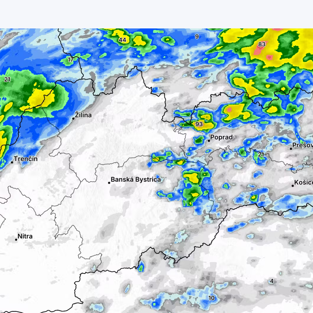 Mapa zrážok. Tie výdatné zasiahli aj oblasť Tatier